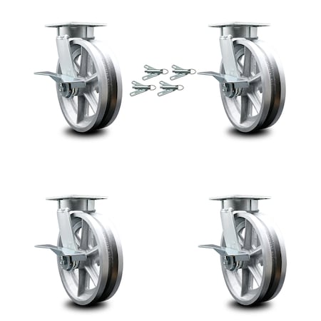 Service Caster 8 Inch Kingpinless V Groove Semi Steel Wheel Caster Set with Brake & Swivel Lock SCC-KP30S820-VGR-SLB-BSL-4